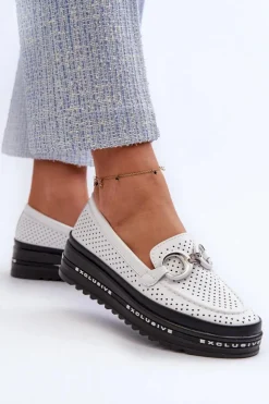 Damskie buty S.Barski Skórzane Mokasyny Damskie Na Platformie Z Ozdobą S.Barski LR750 Białe Biały