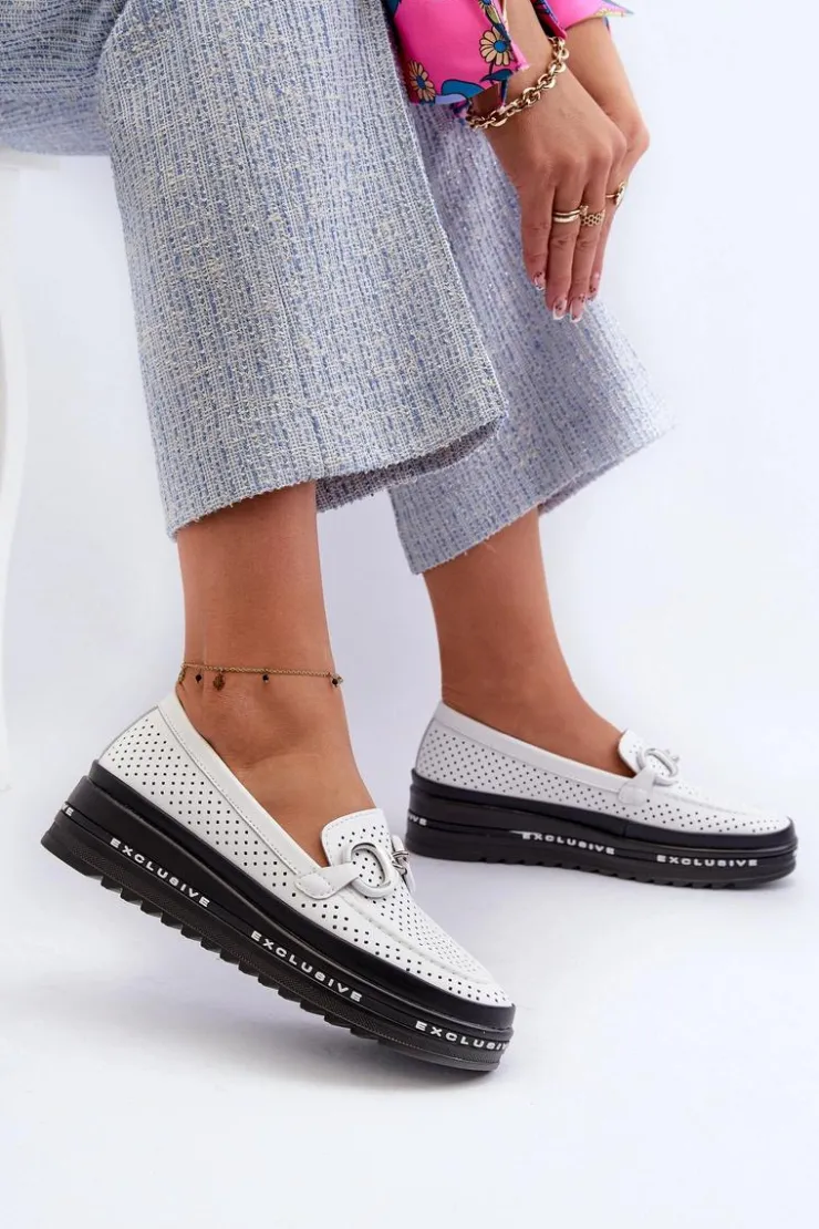 Damskie buty S.Barski Skórzane Mokasyny Damskie Na Platformie Z Ozdobą S.Barski LR750 Białe Biały