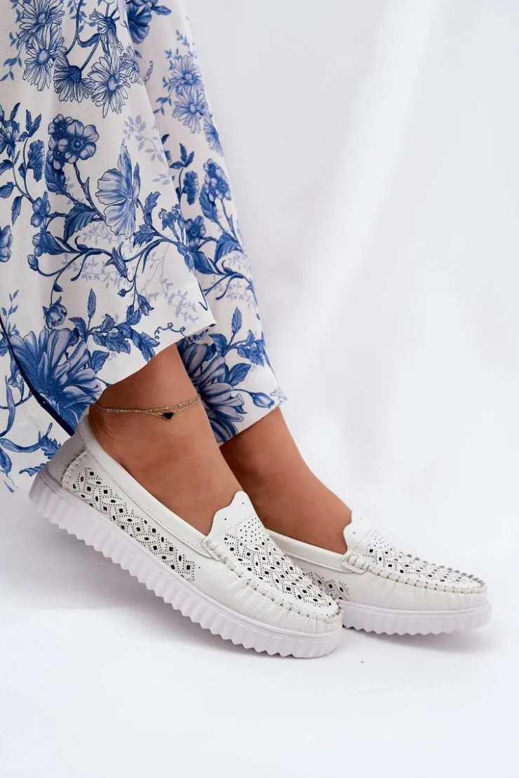 Online Buty damskie Vinceza Skórzane Mokasyny Damskie Z Ażurowym Wzorem Vinceza 88028 Białe Biały