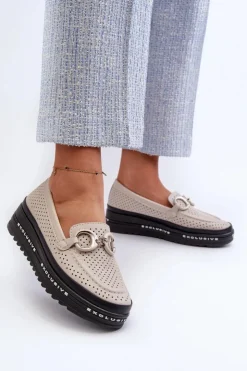 Damskie buty S.Barski Loafersy Damskie|Mokasyny Damskie Skórzane*Skórzane Mokasyny Damskie Na Platformie Z Ozdobą S.Barski LR750 Beżowe Beżowy