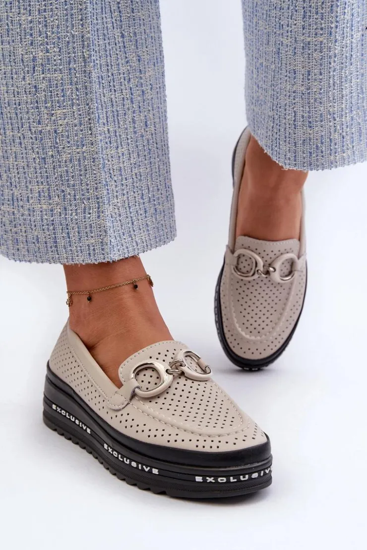 Damskie buty S.Barski Loafersy Damskie|Mokasyny Damskie Skórzane*Skórzane Mokasyny Damskie Na Platformie Z Ozdobą S.Barski LR750 Beżowe Beżowy