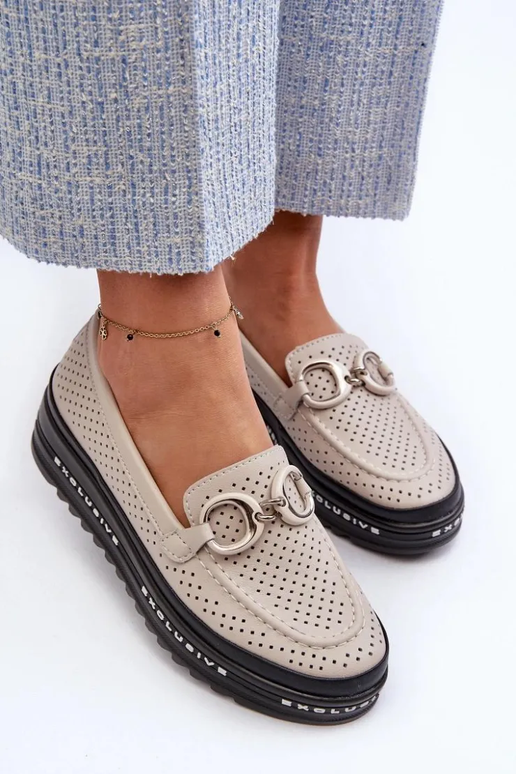 Damskie buty S.Barski Loafersy Damskie|Mokasyny Damskie Skórzane*Skórzane Mokasyny Damskie Na Platformie Z Ozdobą S.Barski LR750 Beżowe Beżowy