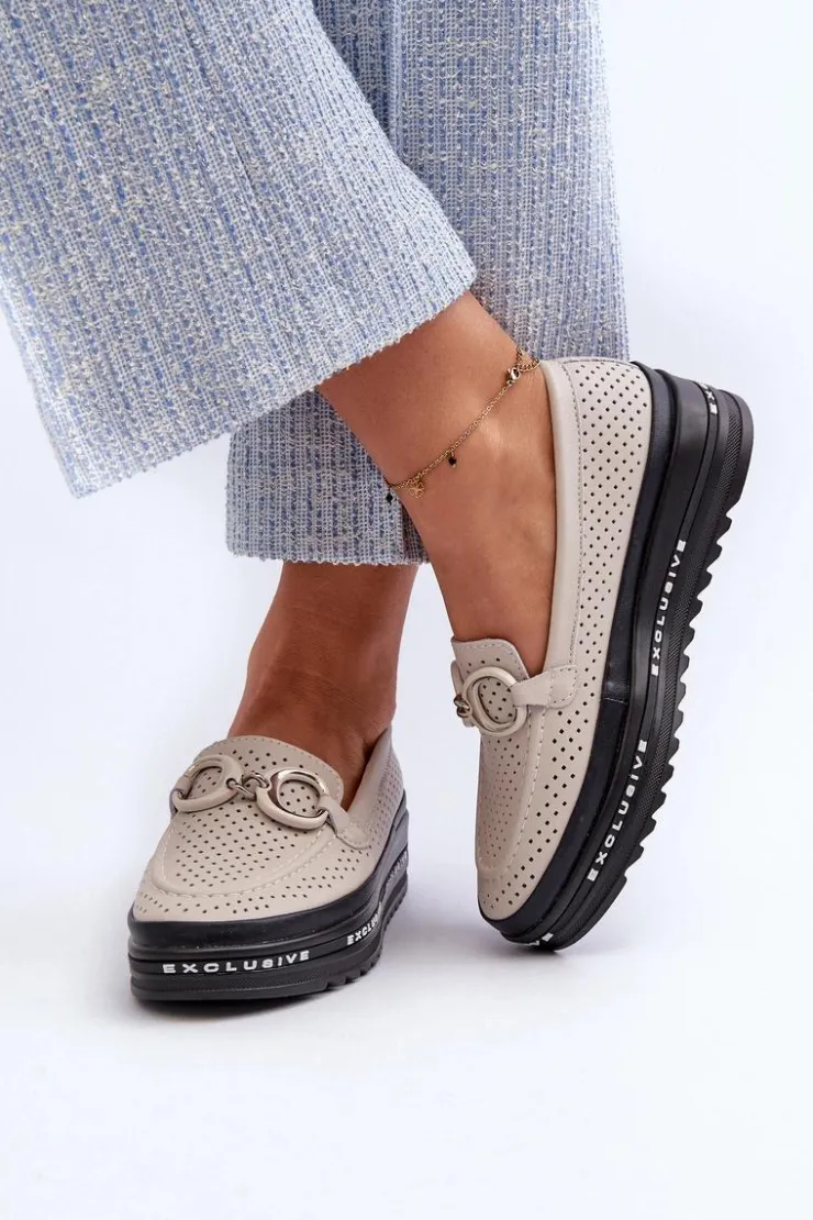 Damskie buty S.Barski Loafersy Damskie|Mokasyny Damskie Skórzane*Skórzane Mokasyny Damskie Na Platformie Z Ozdobą S.Barski LR750 Beżowe Beżowy