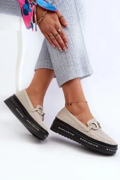 Damskie buty S.Barski Loafersy Damskie|Mokasyny Damskie Skórzane*Skórzane Mokasyny Damskie Na Platformie Z Ozdobą S.Barski LR750 Beżowe Beżowy