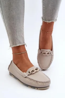 Damskie buty S.Barski Loafersy Damskie|Mokasyny Damskie Skórzane*Skórzane Mokasyny Damskie Z Ozdobą Beżowe S.Barski LR339 Beżowy