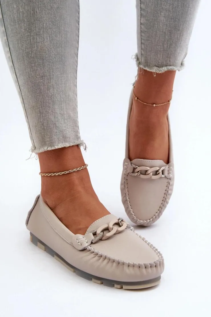 Damskie buty S.Barski Loafersy Damskie|Mokasyny Damskie Skórzane*Skórzane Mokasyny Damskie Z Ozdobą Beżowe S.Barski LR339 Beżowy