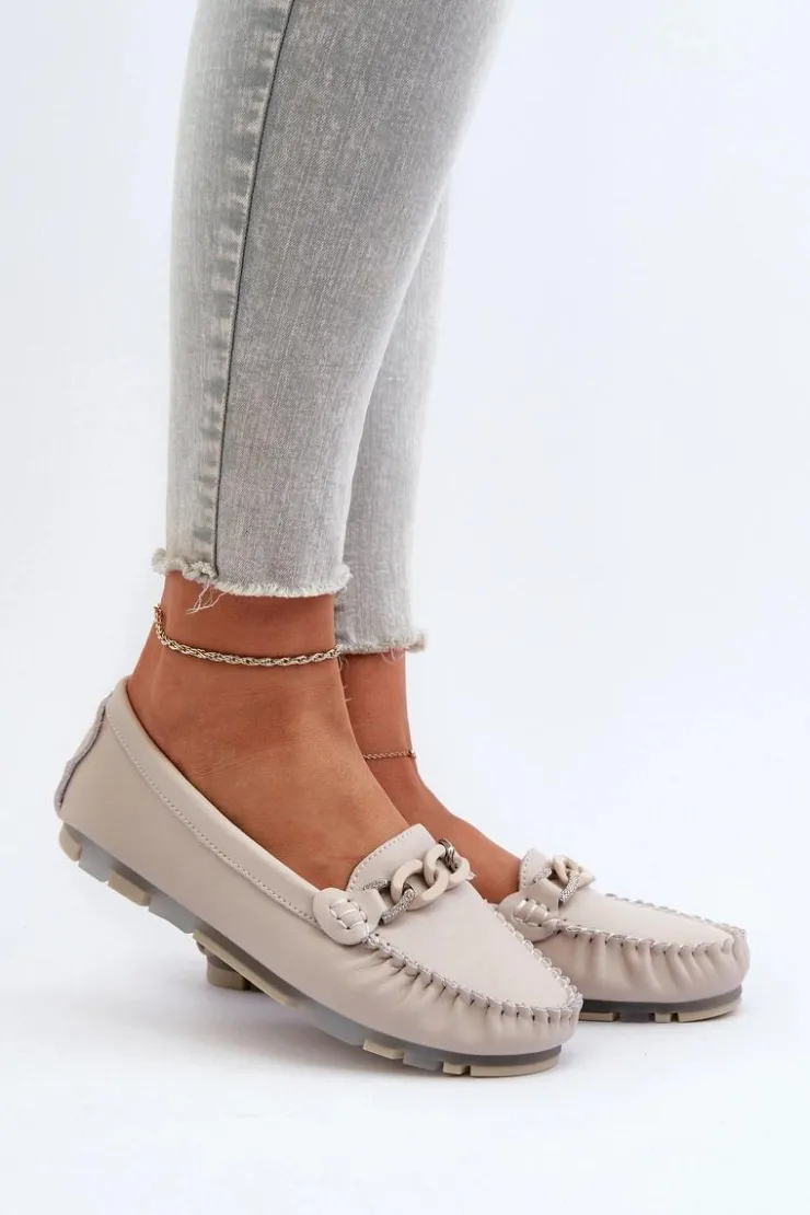 Damskie buty S.Barski Loafersy Damskie|Mokasyny Damskie Skórzane*Skórzane Mokasyny Damskie Z Ozdobą Beżowe S.Barski LR339 Beżowy