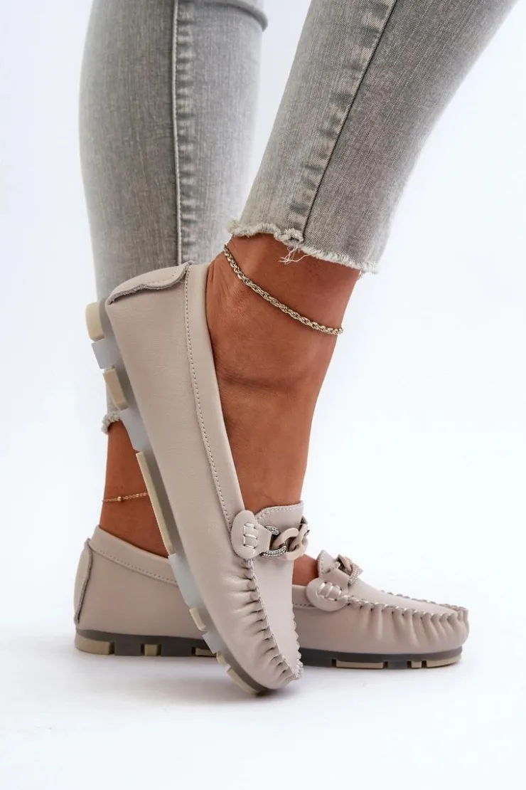 Damskie buty S.Barski Loafersy Damskie|Mokasyny Damskie Skórzane*Skórzane Mokasyny Damskie Z Ozdobą Beżowe S.Barski LR339 Beżowy