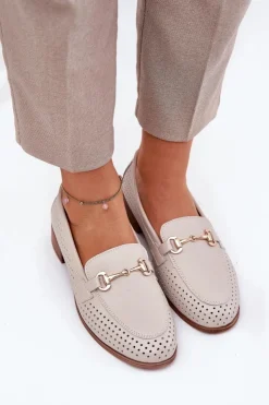 Damskie buty S.Barski Mokasyny Płaskie|Mokasyny Damskie Skórzane*Skórzane Mokasyny Damskie Z Ozdobą Na Płaskim Obcasie S.Barski LR51-588 Beżowe