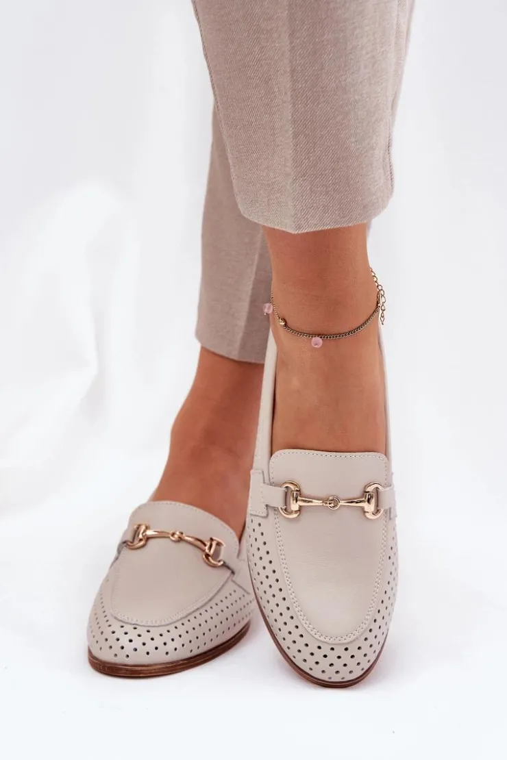Damskie buty S.Barski Mokasyny Płaskie|Mokasyny Damskie Skórzane*Skórzane Mokasyny Damskie Z Ozdobą Na Płaskim Obcasie S.Barski LR51-588 Beżowe