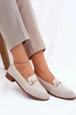 Damskie buty S.Barski Mokasyny Płaskie|Mokasyny Damskie Skórzane*Skórzane Mokasyny Damskie Z Ozdobą Na Płaskim Obcasie S.Barski LR51-588 Beżowe