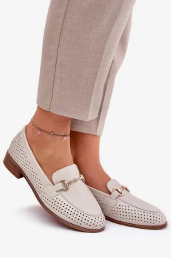 Damskie buty S.Barski Mokasyny Płaskie|Mokasyny Damskie Skórzane*Skórzane Mokasyny Damskie Z Ozdobą Na Płaskim Obcasie S.Barski LR51-588 Beżowe