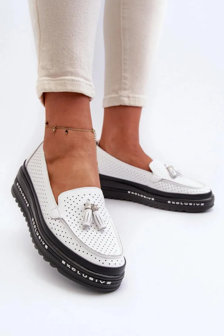 Best Evento Skórzane Mokasyny Damskie Na Platformie Białe Assetnima Biały