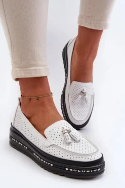 Best Evento Skórzane Mokasyny Damskie Na Platformie Białe Assetnima Biały