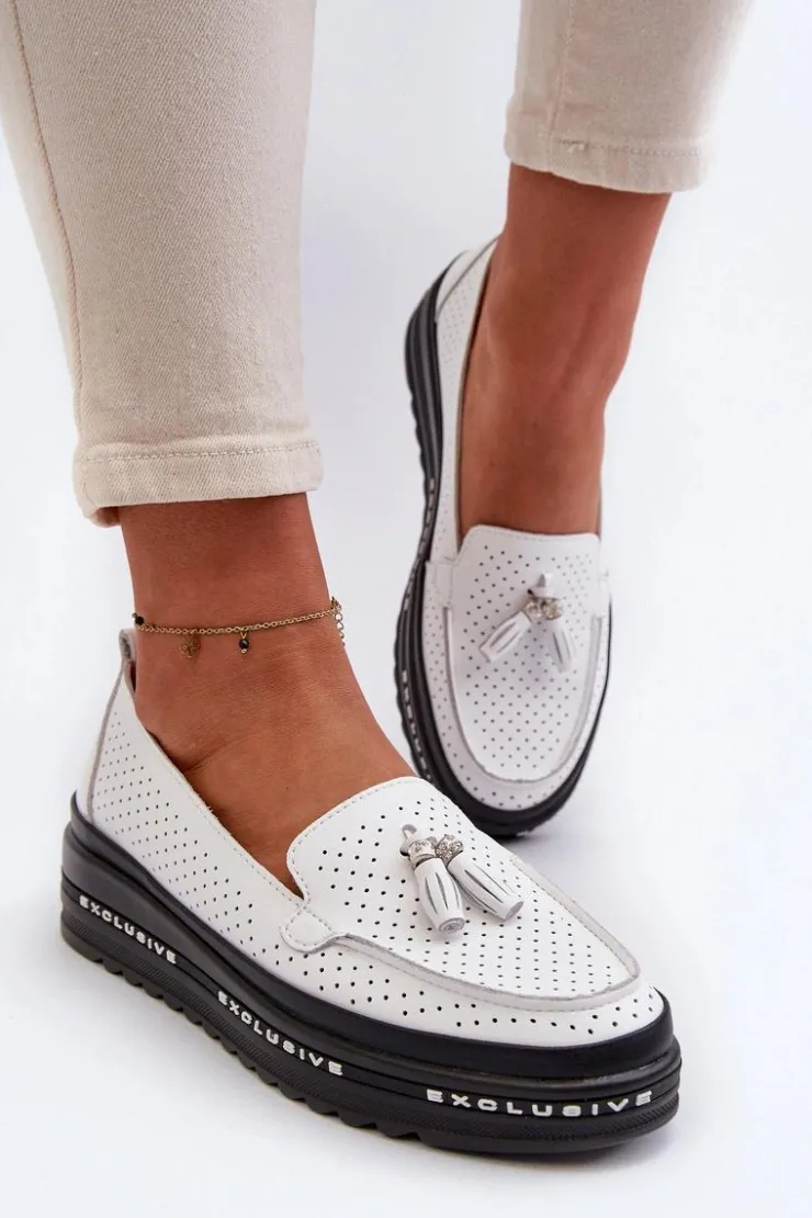 Best Evento Skórzane Mokasyny Damskie Na Platformie Białe Assetnima Biały
