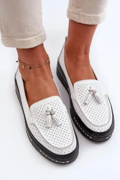 Best Evento Skórzane Mokasyny Damskie Na Platformie Białe Assetnima Biały