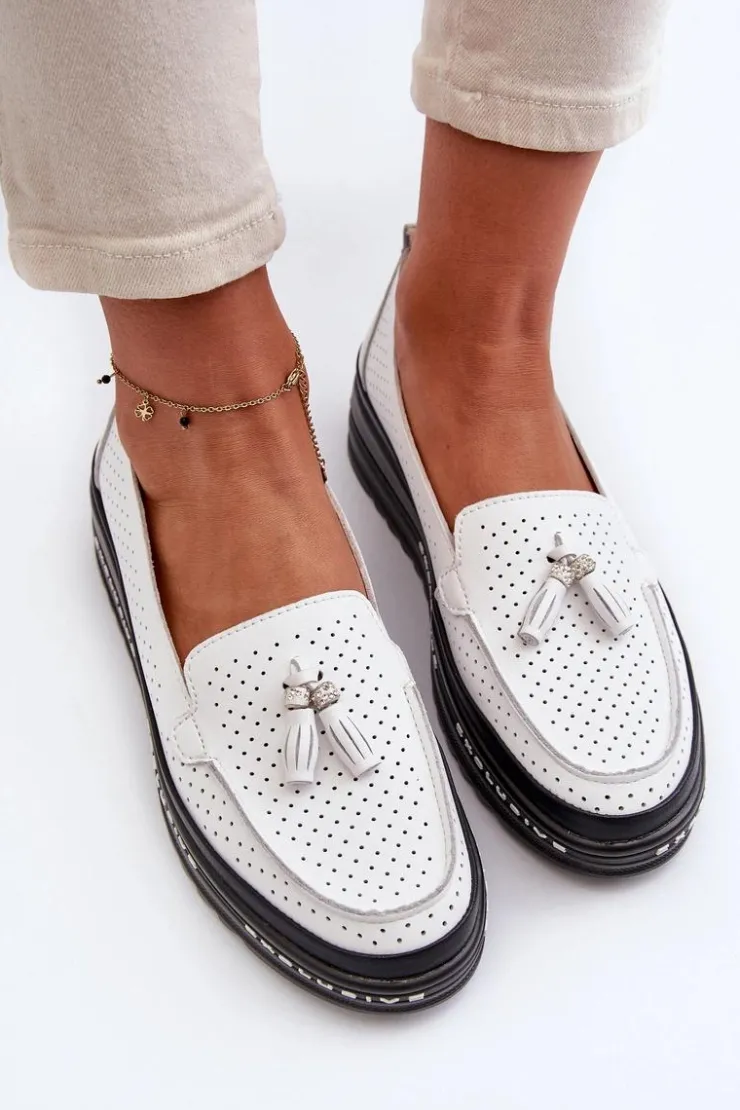 Best Evento Skórzane Mokasyny Damskie Na Platformie Białe Assetnima Biały