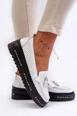 Best Evento Skórzane Mokasyny Damskie Na Platformie Białe Assetnima Biały