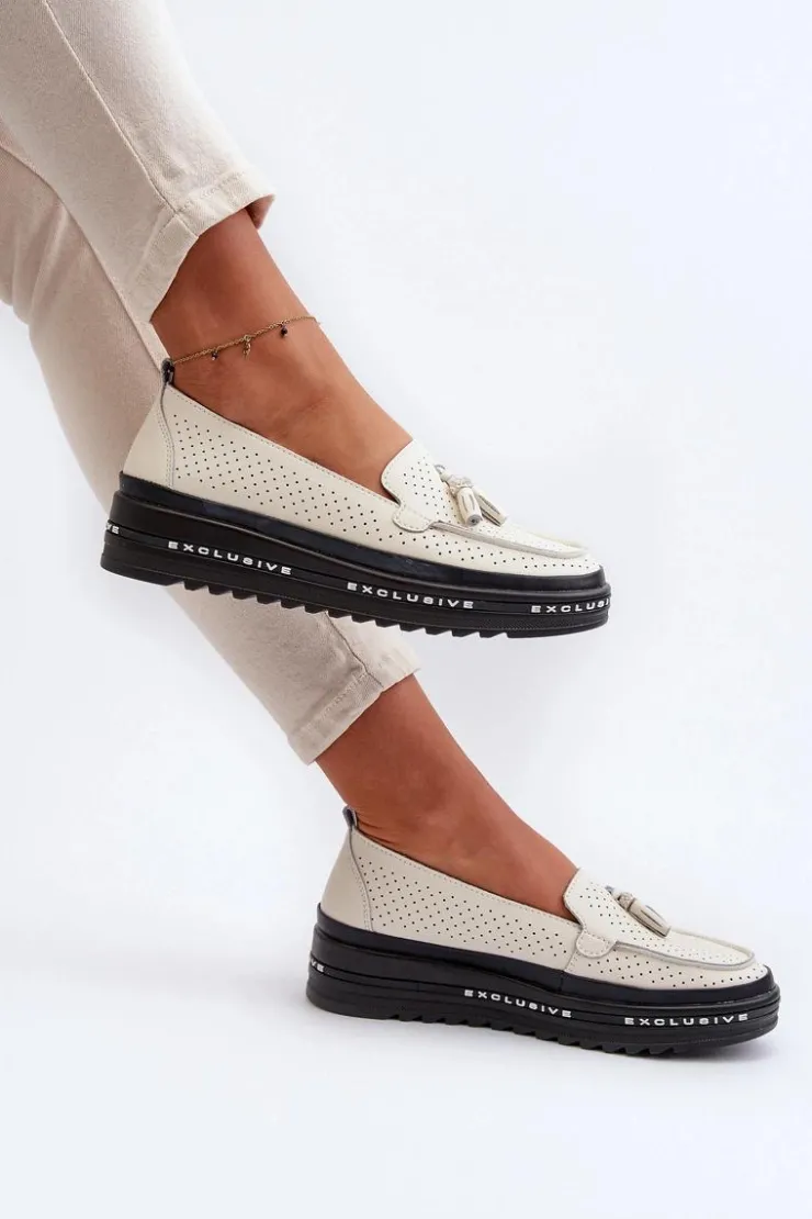 Evento Loafersy Damskie|Mokasyny Damskie Skórzane*Skórzane Mokasyny Damskie Na Platformie Beżowe Assetnima Beżowy