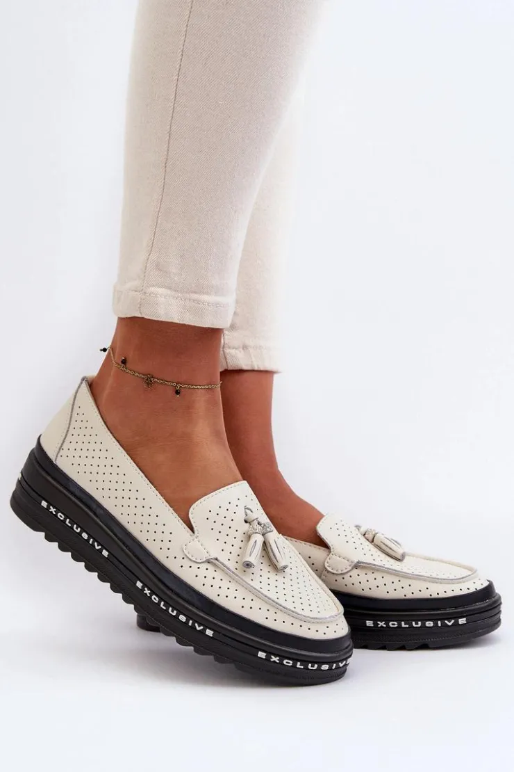 Evento Loafersy Damskie|Mokasyny Damskie Skórzane*Skórzane Mokasyny Damskie Na Platformie Beżowe Assetnima Beżowy