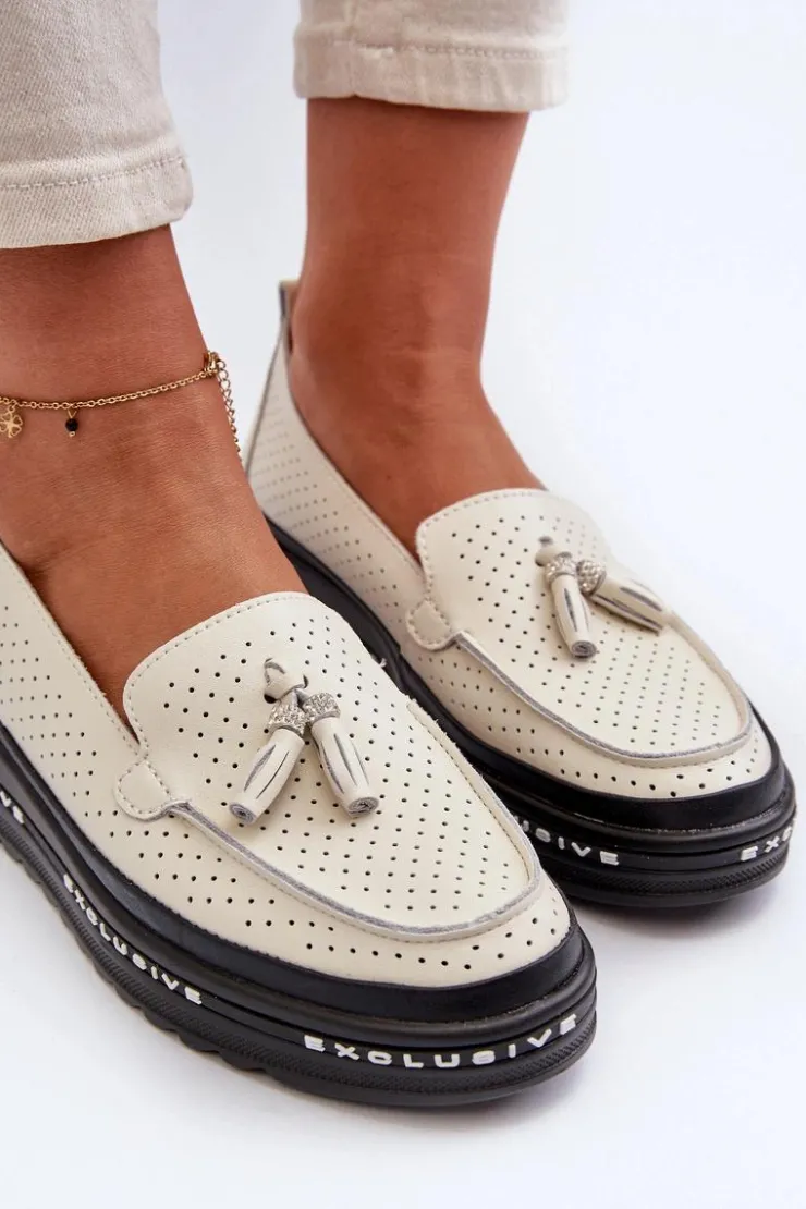 Evento Loafersy Damskie|Mokasyny Damskie Skórzane*Skórzane Mokasyny Damskie Na Platformie Beżowe Assetnima Beżowy