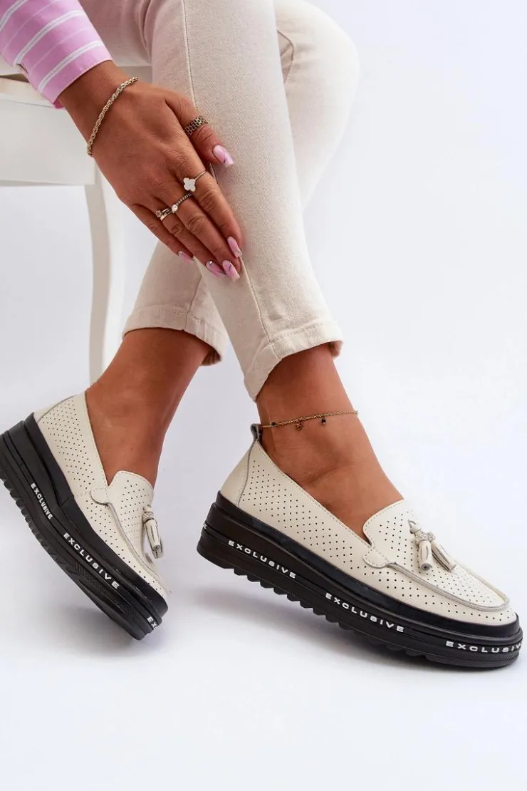 Evento Loafersy Damskie|Mokasyny Damskie Skórzane*Skórzane Mokasyny Damskie Na Platformie Beżowe Assetnima Beżowy