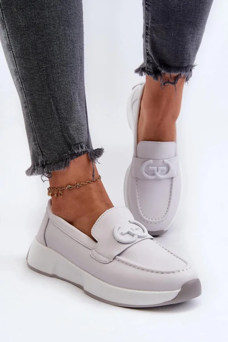 Damskie Damskie buty S.Barski Skórzane Mokasyny Damskie Na Platformie Jasnoszare S.Barski LR490