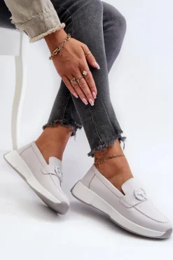 Damskie Damskie buty S.Barski Skórzane Mokasyny Damskie Na Platformie Jasnoszare S.Barski LR490