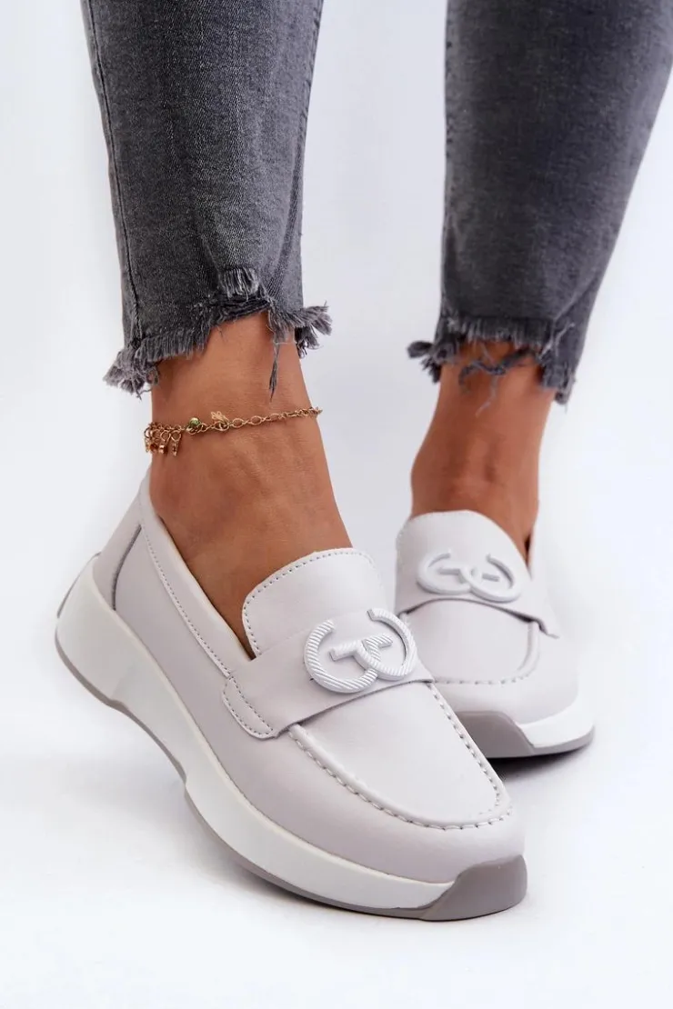 Damskie Damskie buty S.Barski Skórzane Mokasyny Damskie Na Platformie Jasnoszare S.Barski LR490