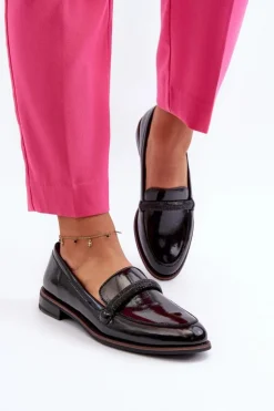 Buty Sergio Leone Półbuty Skórzane|Mokasyny Damskie Lakierowane*Skórzane Mokasyny Damskie Z Ozdobnym Paseczkiem Lakierowane Czarne Saosin