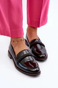 Buty Sergio Leone Półbuty Skórzane|Mokasyny Damskie Lakierowane*Skórzane Mokasyny Damskie Z Ozdobnym Paseczkiem Lakierowane Czarne Saosin