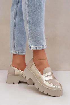 Zazoo Loafersy Damskie|Mokasyny Płaskie*Skórzane Mokasyny Damskie Na Platformie I Płaskim Obcasie 20191 Złote Złoty