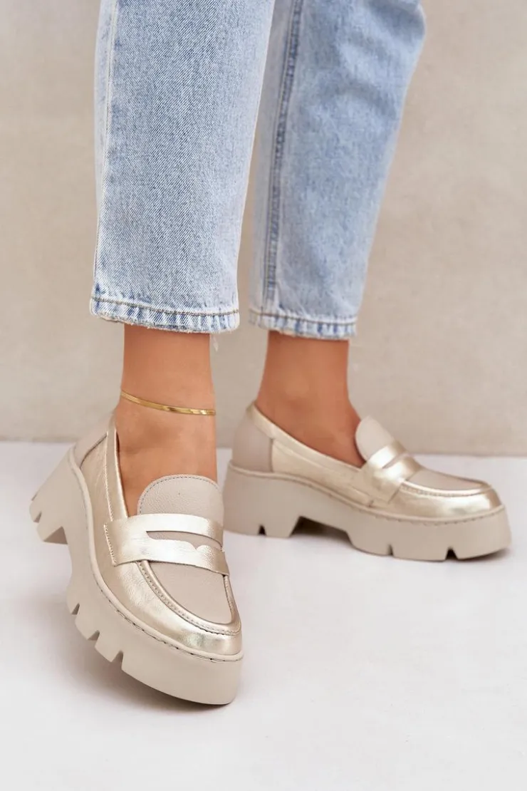Zazoo Loafersy Damskie|Mokasyny Płaskie*Skórzane Mokasyny Damskie Na Platformie I Płaskim Obcasie 20191 Złote Złoty