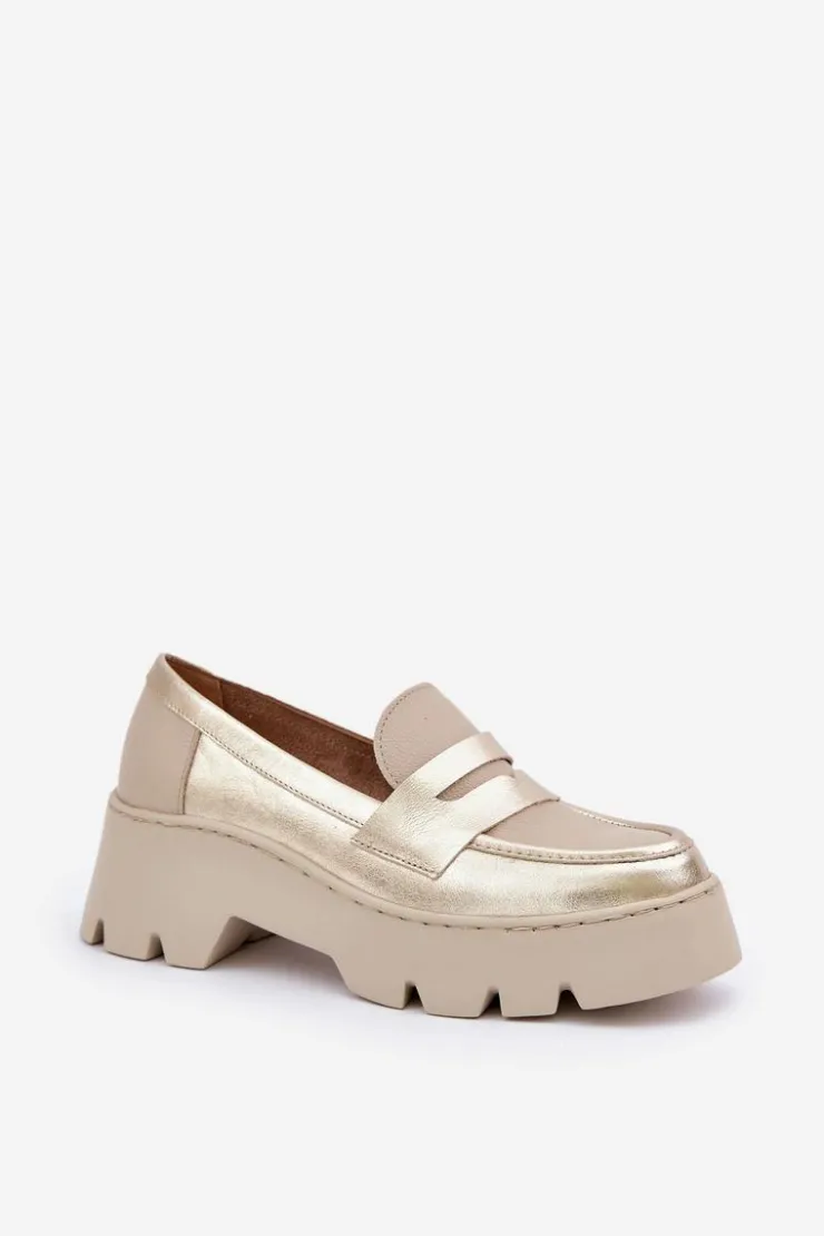 Zazoo Loafersy Damskie|Mokasyny Płaskie*Skórzane Mokasyny Damskie Na Platformie I Płaskim Obcasie 20191 Złote Złoty
