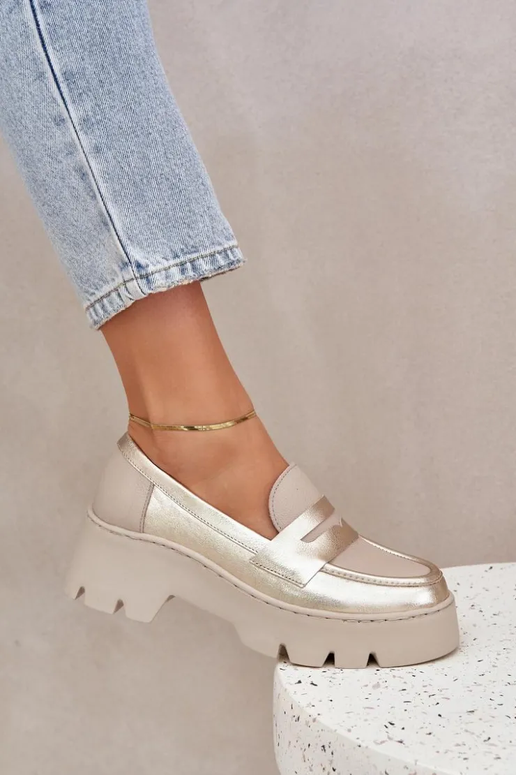 Zazoo Loafersy Damskie|Mokasyny Płaskie*Skórzane Mokasyny Damskie Na Platformie I Płaskim Obcasie 20191 Złote Złoty