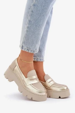 Zazoo Loafersy Damskie|Mokasyny Płaskie*Skórzane Mokasyny Damskie Na Platformie I Płaskim Obcasie 20191 Złote Złoty