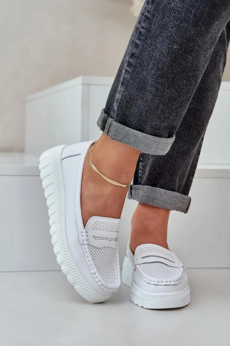 Clearance Evento Skórzane Mokasyny Damskie Na Platformie I Koturnie Białe Elanindel Biały