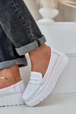 Clearance Evento Skórzane Mokasyny Damskie Na Platformie I Koturnie Białe Elanindel Biały