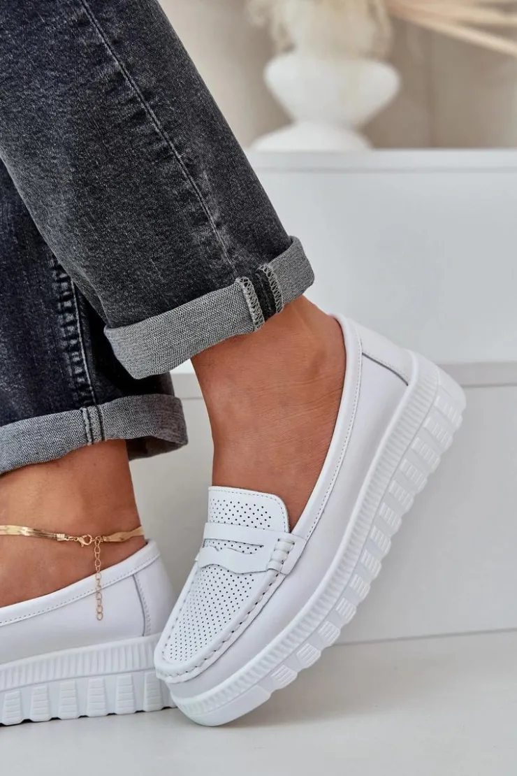 Clearance Evento Skórzane Mokasyny Damskie Na Platformie I Koturnie Białe Elanindel Biały