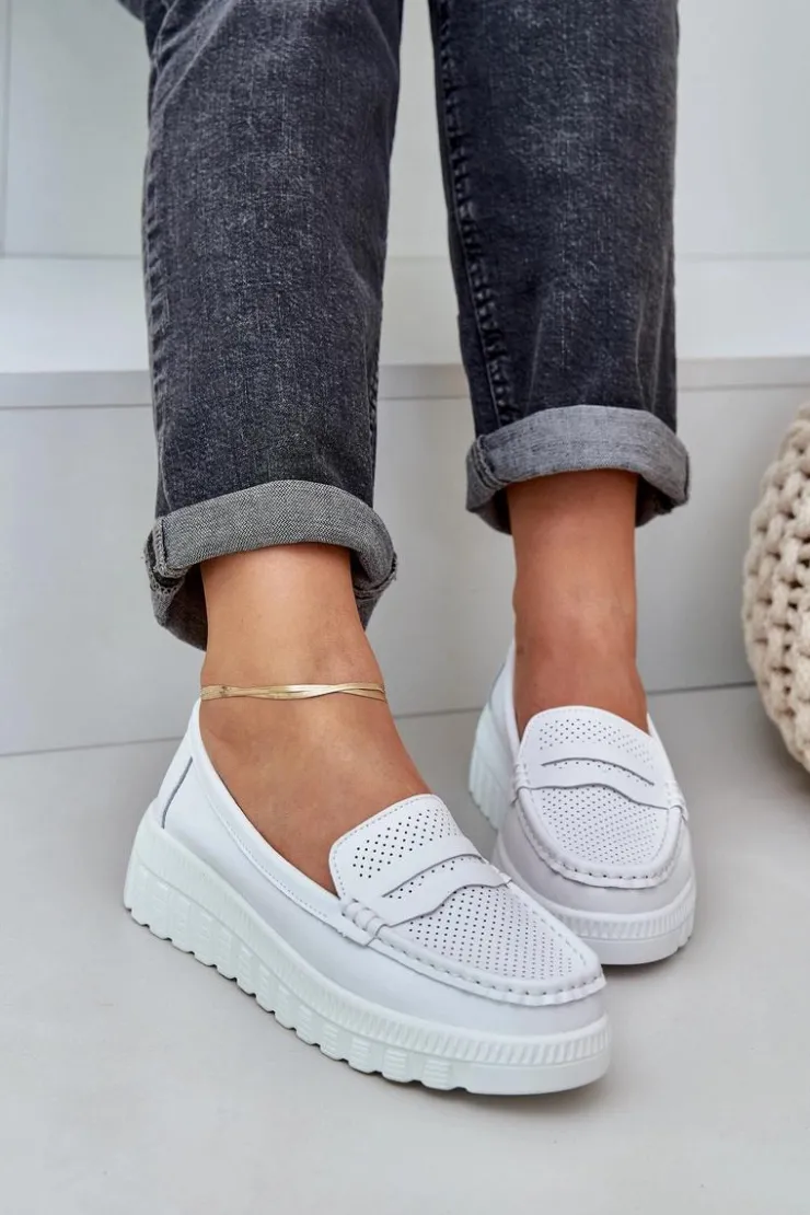 Clearance Evento Skórzane Mokasyny Damskie Na Platformie I Koturnie Białe Elanindel Biały