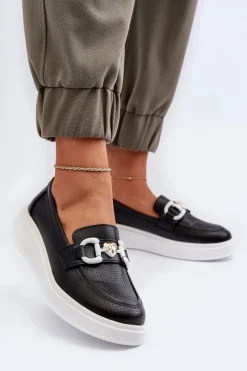 Damskie Damskie buty S.Barski Skórzane Mokasyny Damskie Na Platformie Czarne S.Barski LR720