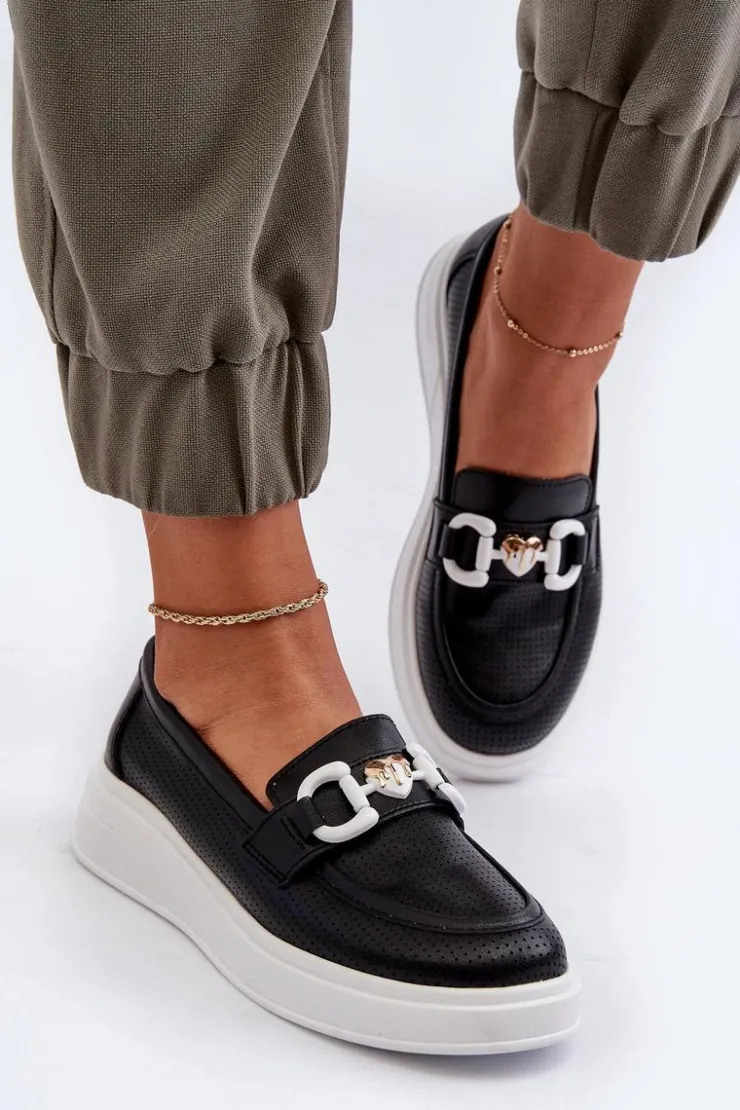 Damskie Damskie buty S.Barski Skórzane Mokasyny Damskie Na Platformie Czarne S.Barski LR720