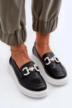 Damskie Damskie buty S.Barski Skórzane Mokasyny Damskie Na Platformie Czarne S.Barski LR720