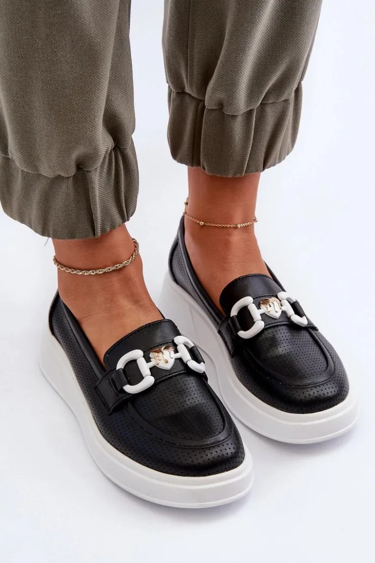 Damskie Damskie buty S.Barski Skórzane Mokasyny Damskie Na Platformie Czarne S.Barski LR720