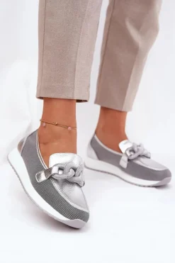 Damskie Damskie buty S.Barski Skórzane Mokasyny Damskie Z Ozdobą D&A LR51-966 Srebrne