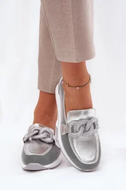 Damskie Damskie buty S.Barski Skórzane Mokasyny Damskie Z Ozdobą D&A LR51-966 Srebrne