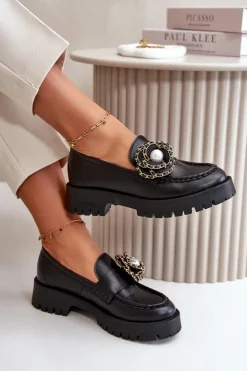 CheBello Mokasyny Damskie Skórzane*Skórzane Mokasyny Damskie Ozdobione Kwiatkiem Czarne 4520