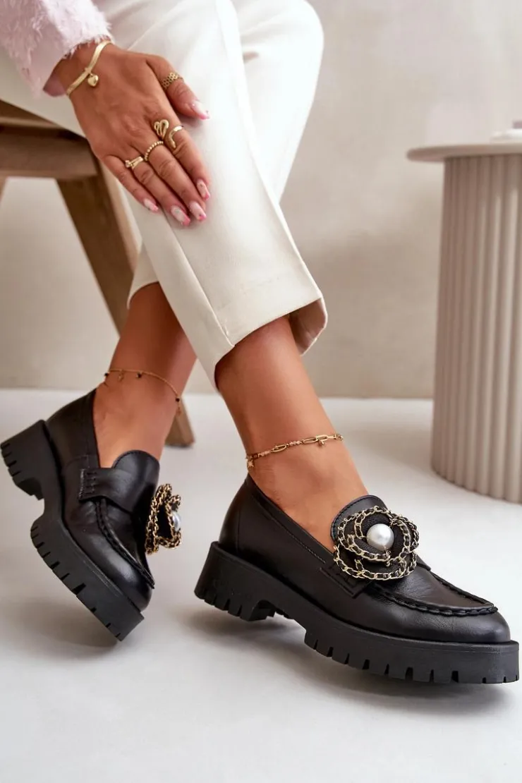 CheBello Mokasyny Damskie Skórzane*Skórzane Mokasyny Damskie Ozdobione Kwiatkiem Czarne 4520