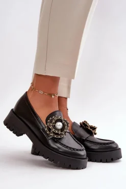 CheBello Mokasyny Damskie Skórzane*Skórzane Mokasyny Damskie Ozdobione Kwiatkiem Czarne 4520