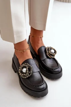 CheBello Mokasyny Damskie Skórzane*Skórzane Mokasyny Damskie Ozdobione Kwiatkiem Czarne 4520